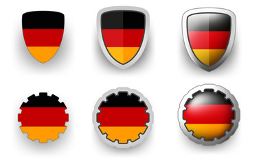Obraz premium 6 Germany vector icons - button shield and gear, flat and volumetric style in flag colors black, red, yellow for flyer any holiday design or poster