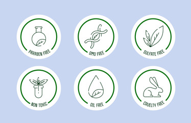 Paraben free icon set. Set of eco badges. Free from artificial ingredients, pesticide, phosphate logos. For cosmetics, organic food, packaging. Vector illustration
