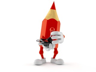 Colored pencil character holding retro joystick