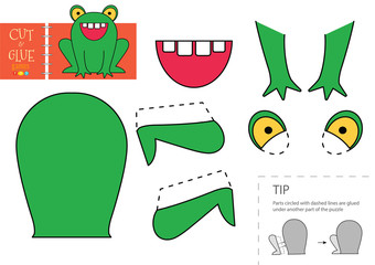 Cut and glue paper toy. Vector illustration, worksheet with cartoon cute frog character