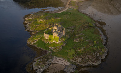 Aerial drone shot of Castle Tioram, Scottish Highlands.