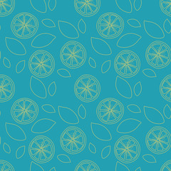 Seamless pattern with slices of lemon. Hand-drawn juicy fruit and leaves. Vector illustration