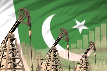 industrial illustration of oil wells - Pakistan oil industry concept on flag background. 3D Illustration