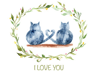 Watercolor illustration to saint valentine's day with cat lovers sitting together hugging tails with the signature "I love you" and a frame of flowers