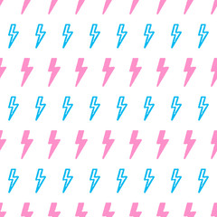 Thunderbolts seamless pattern. Cartoon style background. Pink and blue lightning. Flat comics style vector illustration.
