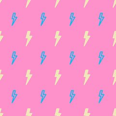 Flash lightning seamless pattern on pink background. Thunderbolts in retro cartoon style. Flat style vector illustration