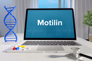 Motilin– Medicine/health. Computer in the office with term on the screen. Science/healthcare