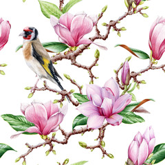 Magnolia flower seamless pattern with goldfinch bird  watercolor image. Tender magnolia blossoms with green leaf elements on a white background. Seamless pattern with bright pink flowers.