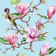 Magnolia flower seamless pattern with goldfinch bird watercolor paint image. Tender magnolia blossoms with green leaf elements on a white background. Seamless pattern painted bright pink flowers.
