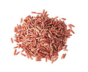 Uncooked brown rice isolated on white, top view