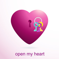 Open heart. Valentines heart card, logo, icon, background. Valentine love chic symbol isolated on white background. Lovely affiance heart icon with lock, keys . Valentines heart vector