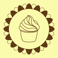 Cupcake pastry icon. Line art style creamy dessert isolated on light background. Bakery design logo in round frame. Sweets shop symbol template. Sticker design. Vector hand drawn Illustration.