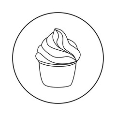 Cupcake pastry isolated icon. Line art style dessert isolated on white background. Bakery design logo in round frame. Sweets shop symbol template. Sticker design. Vector hand drawn Illustration.
