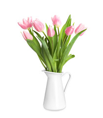 Beautiful pink spring tulips in vase isolated on white