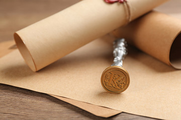 Notary's public pen and documents on wooden table, closeup