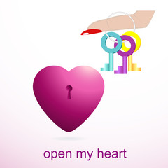 Open heart on woman's finger. Valentines heart card, logo, icon, background. Valentine love chic symbol isolated on white background. Lovely  heart icon with lock, keys . Valentines heart vector