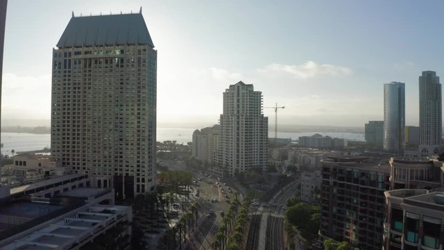 Aerial drone video of buildings in Downtown San Diego in the Marina District on a beautiful Day. California, USA. 