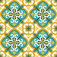Fototapeta na wymiar Portuguese tile pattern seamless vector with vintage ornaments. Portugal azulejos, mexican talavera, italian sicily majolica, spanish design. Ceramic background for kitchen wallpaper or flooring.