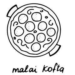 Hand drawn isolated indian food icon. Black outline illustration of indian dish. Malai kofta bowl. 