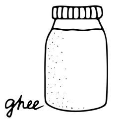 Hand drawn isolated indian food icon. Black outline illustration of indian melted butter. Ghee jar. Drawn butter.