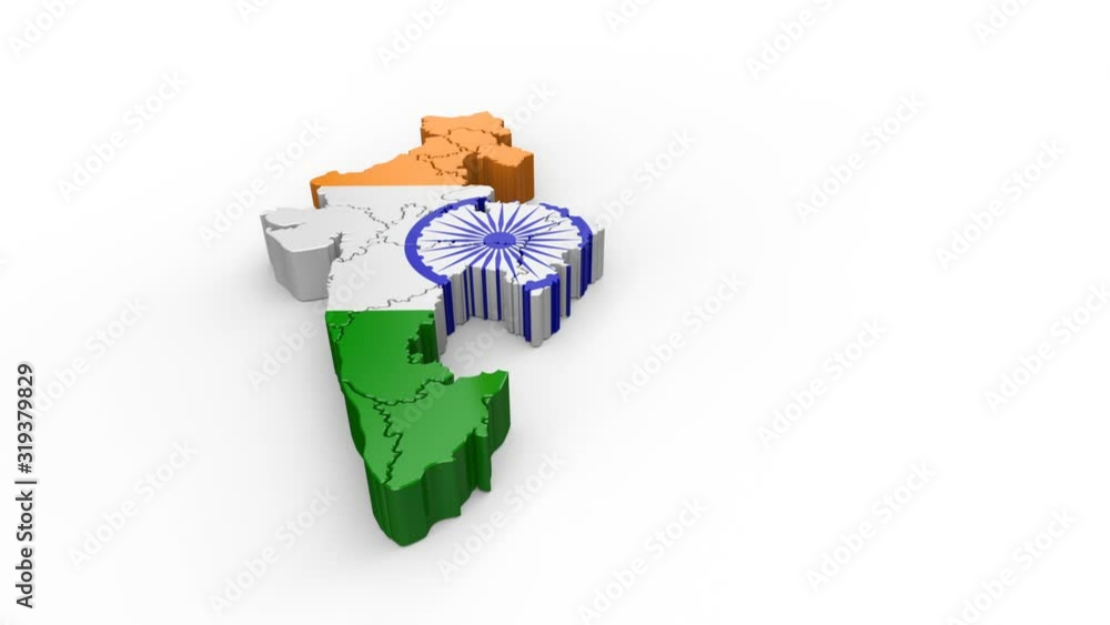 Poster map of india with flag. formed by individual states, falling from top to bottom on white. alpha anim