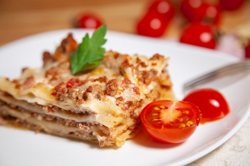 Portion of tasty italian lasagne served on white plate