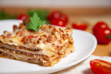 Portion of tasty italian lasagne served on white plate