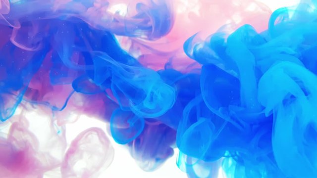 A beautiful mix of acrylic ink in water. The blue and pink ink forms abstract clouds when mixed. Acrylic clouds on a white background. Slow motion