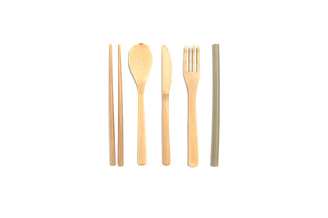 Bamboo cutlery on white background