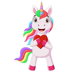 Cute little pony unicorn holding red heart