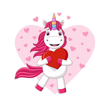 Cute cartoon baby unicorn holding heart
