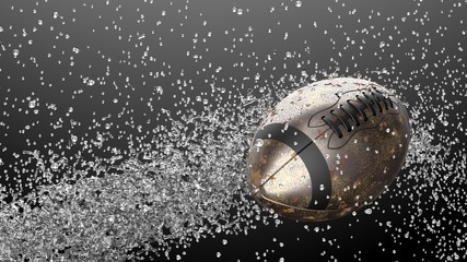 Roasted Metallic American Football Ball with Water Particles. 3D illustration. 3D high quality rendering.