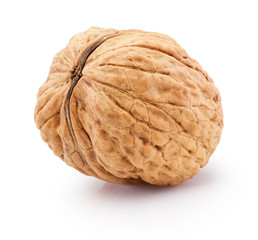Whole walnut isolated on white background.