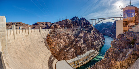 View from Hoover Dam over Colorado river with Mike O Callaghan–Pat Tillman Memorial Bridge in the...