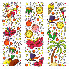 Brazilian vector pattern with palm, beach, sea, carnival. Brazil icons for posters and banners.