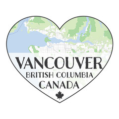Map of Vancouver inside heart shape. Centered text bellow 