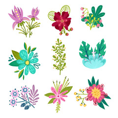 Fancy Flowers Composition Isolated on White Background Vector Set