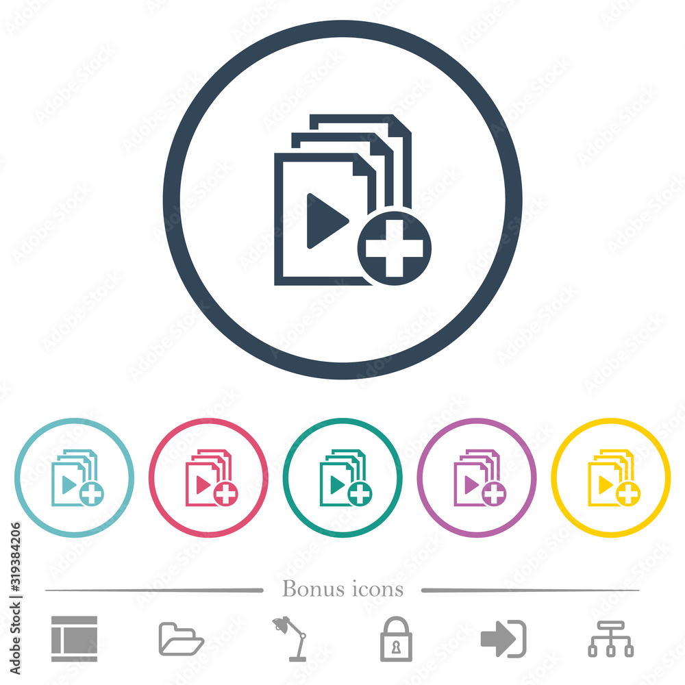 Poster add new item to playlist flat color icons in round outlines