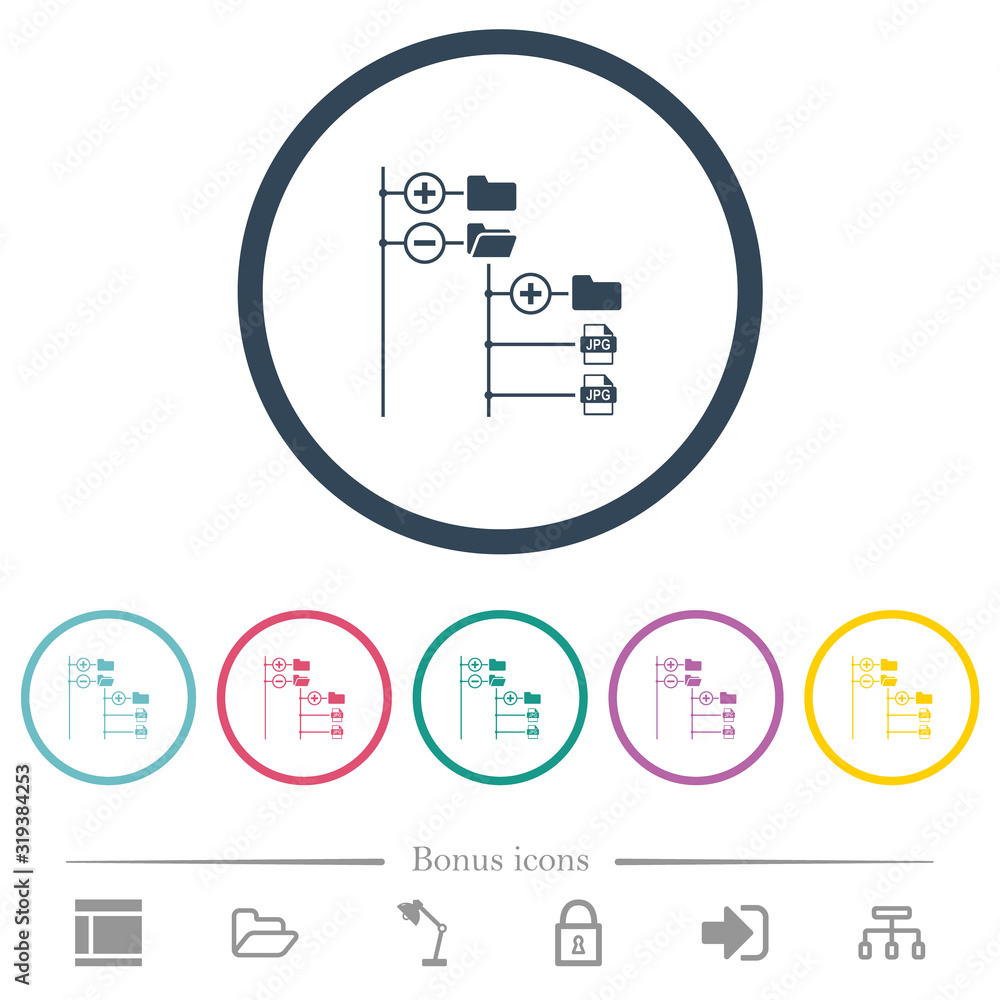Poster file browser with jpg files flat color icons in round outlines