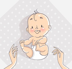 Top View of Cute Little Baby Boy Lying on Bed and Mother`s Hands. Changing Diaper Vector Illustration