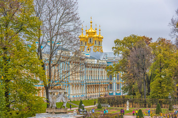 The Golden domes of Catherine's Palace on a winter day in Pushkin, Saint Petersburg, Russia.