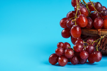 Close up on fresh grape in an old buskets on blue background with copyspace.