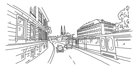 Bielefeld, view city street, sketch illustration.
