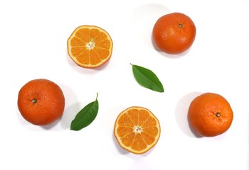 slice orange with leaf on white background  