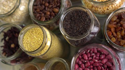 Reusable mason jars with grocery. Glass Kitchen Containers. Zero waste food packaging, shopping and storage