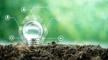 Connecting dots lines shape Recycle environment Icons over Crystal globe over blurred green nature background.  environment concept.Ecology concept. Elements of this image furnished by NASA.