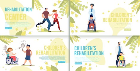 Children Rehabilitation in Medical Center or Hospital Flat Vector Horizontal Web Banners, Landing Pages Set. Disabled Adults and Children Leading Healthy Lifestyle, Doctor with Patients Illustration
