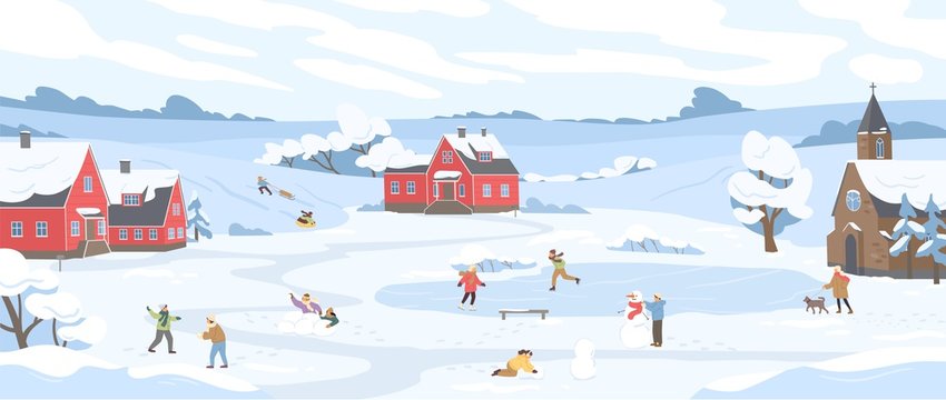 Panorama Of Winter Landscape With Leisure People Vector Illustration. Happy Cartoon Characters Enjoy Outdoor Activity. Man, Woman And Children Sledding, Ice Skating, Skiing, Playing Snowballs At Park