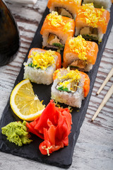 Japanese and Asian food. Sushi are ready to serve.