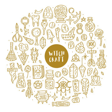 Witchcraft cute vector doodle hand drawn big clip art, set of design elements, icons, stickers. Gold line art design. Isolated on white background. Easy to change color. Different witch magic staff.